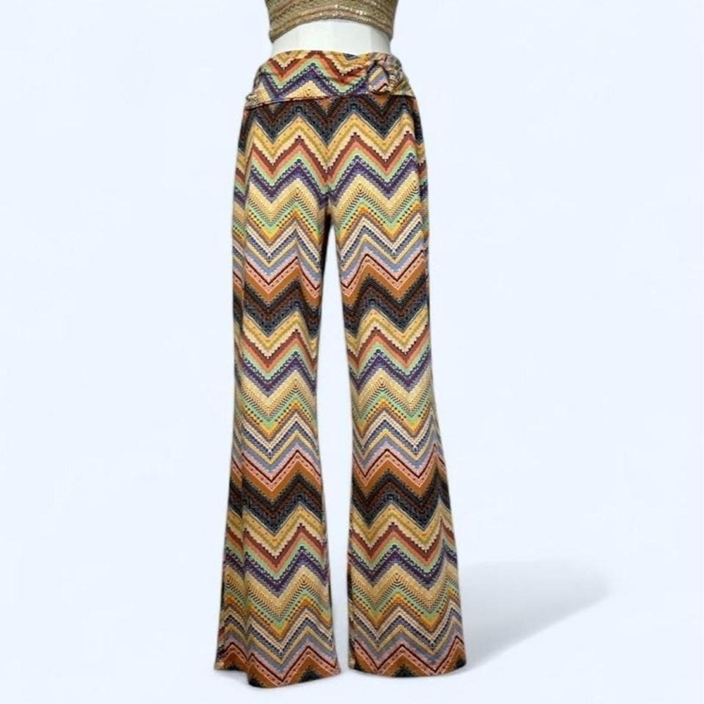 Vintage Multicolor Chevron Boho Flared Pants Womens S Belted Hippie Festival